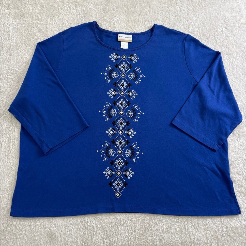 Alfred Dunner Womens 3X Blue Embroidered Rhinestone 3/4 Sleeve Top Plus Size
